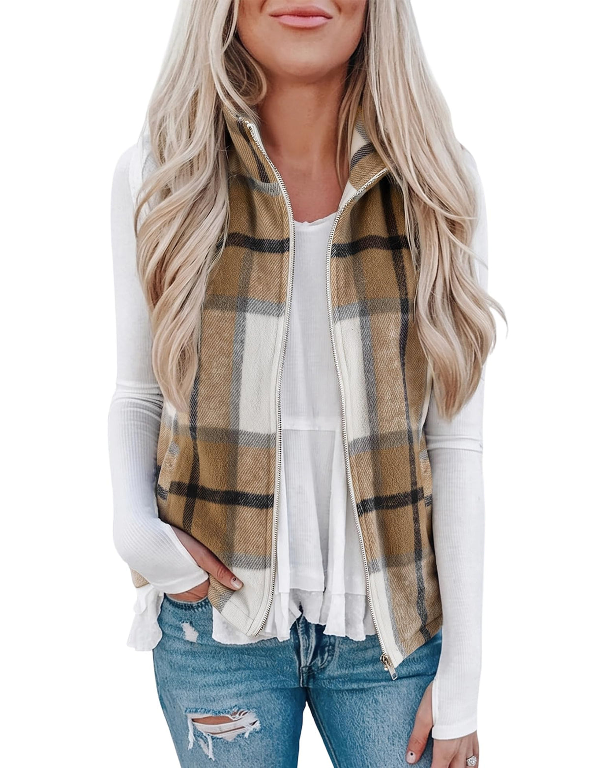 Rapbin Women's Plaid Outerwear Vests Tops Zip Up Collared Sleeveless Jacket with Pockects
