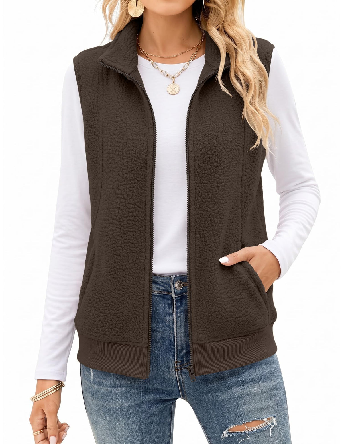 AKEWEI Womens Sherpa Fleece Vest Trendy Warm Sleeveless Vests Jacket