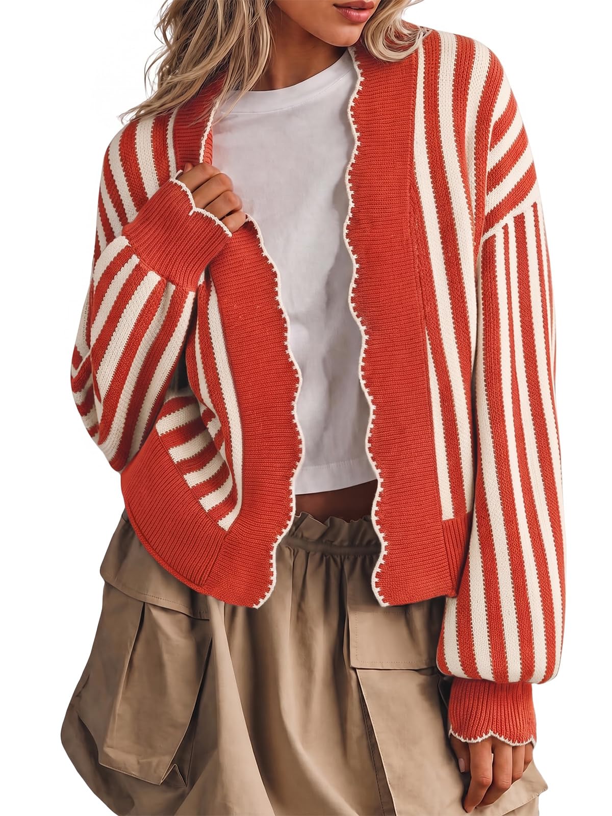 Flowyair Women's Striped Cardigan Sweater Open Front Ruffle Long Sleeve