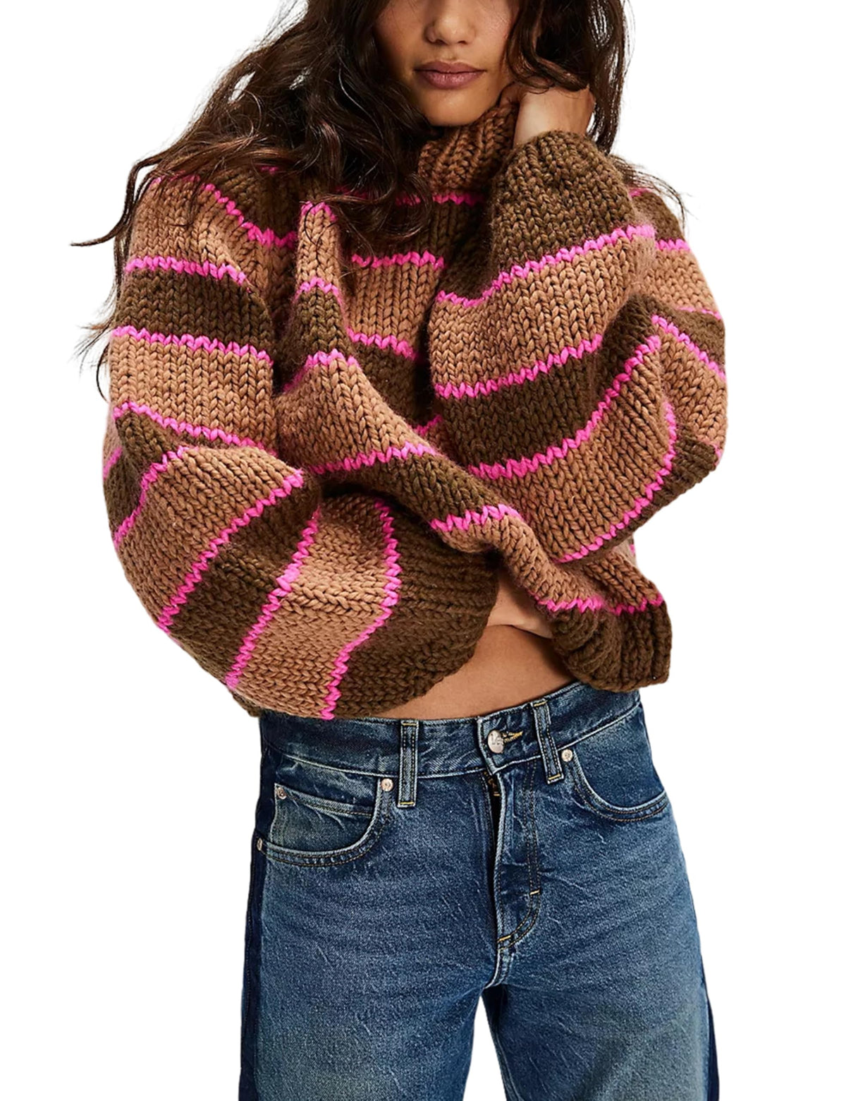 Yeokou Women Stripe Pullover Sweater Turtleneck Ribbed Knit Top Casual Fall Winter Chunky Knitwear
