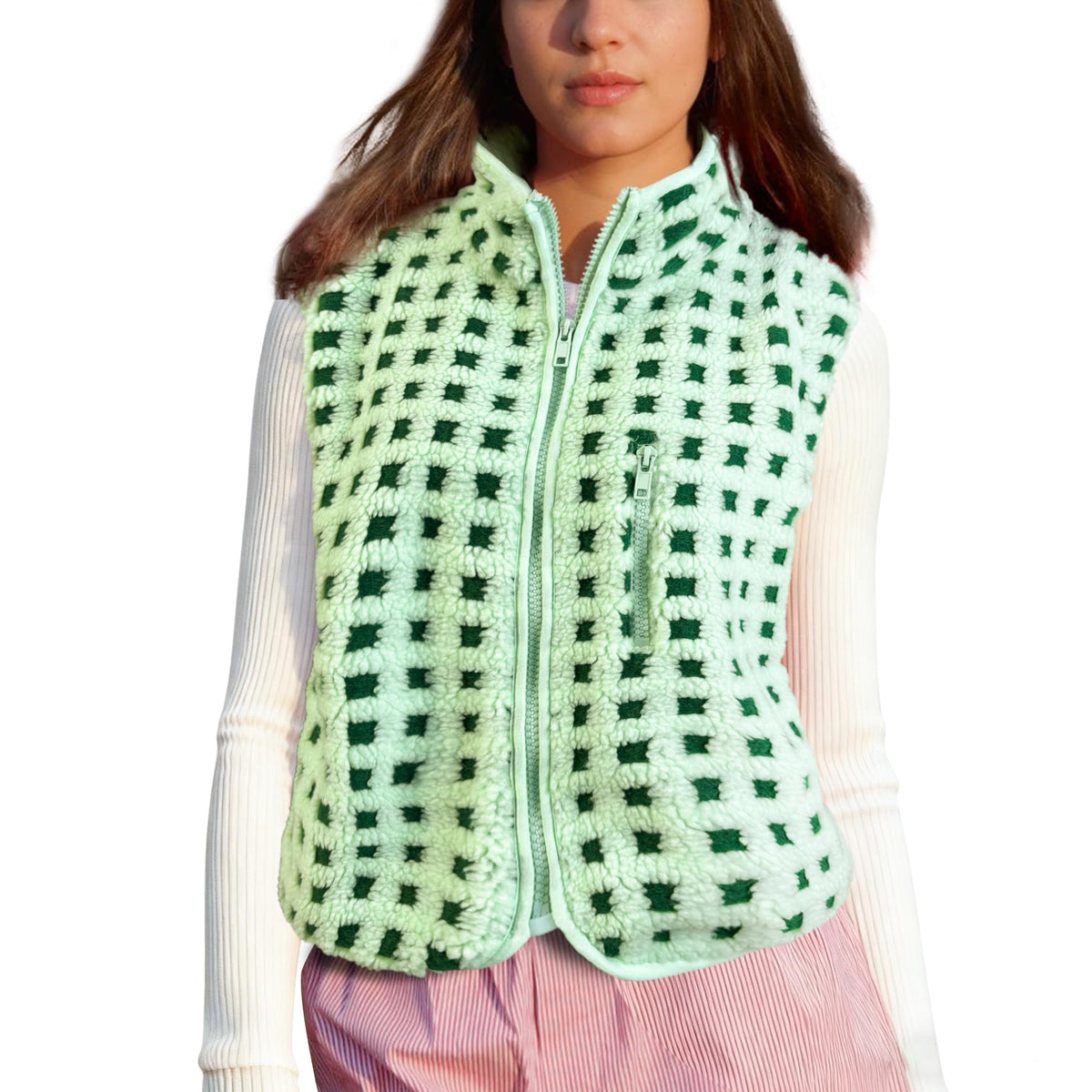 SeeLuNa Plaid Fleece Vest Women Sleeveless Sherpa Vest Full Zip Jacket