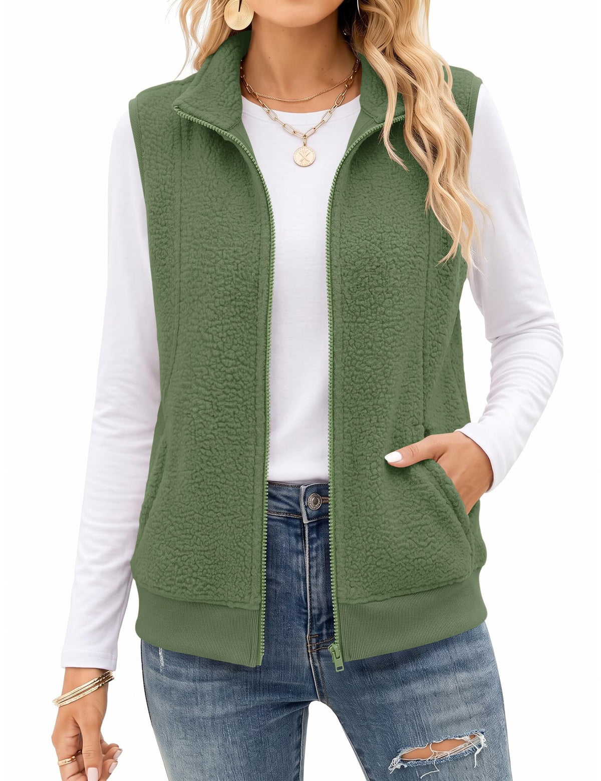AKEWEI Womens Sherpa Fleece Vest Trendy Warm Sleeveless Vests Jacket