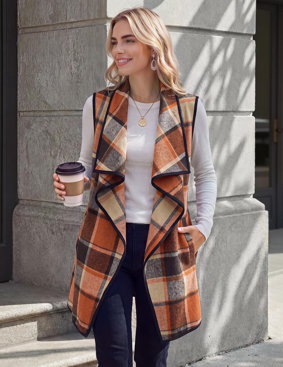 Zeagoo Women Vest Long Plaid Jackets Sleeveless Flannel Coats with Pockets