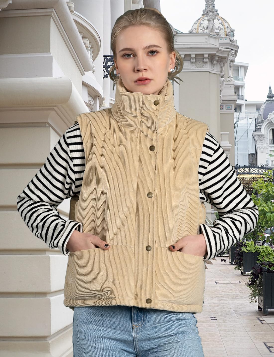 Womens Corduroy Puffer Vest Stand Collar Zip Snap Button Sleeveless Warm Waistcoat Padded Gilet