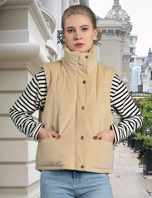 Womens Corduroy Puffer Vest Stand Collar Zip Snap Button Sleeveless Warm Waistcoat Padded Gilet