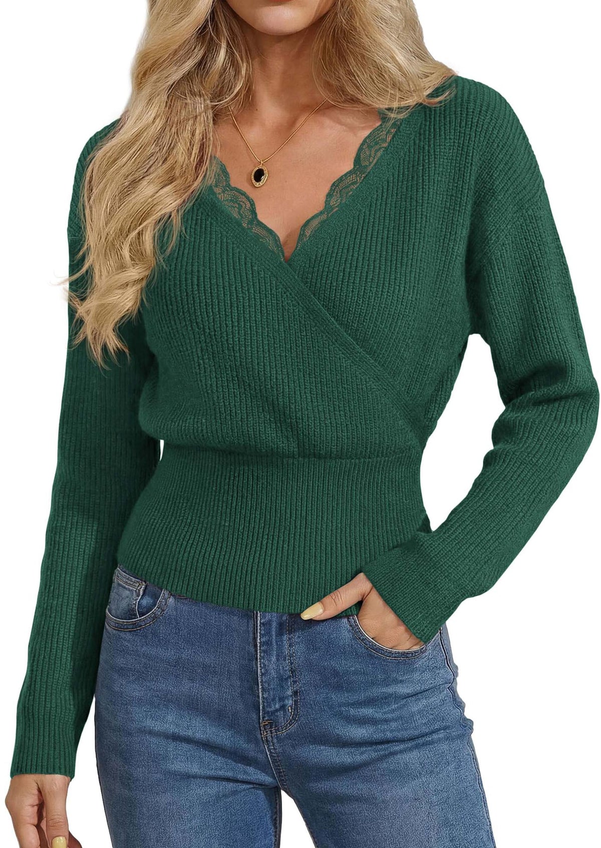 PRETTYGARDEN Women's Lace Trim V Neck Wrap Sweater Cropped Fall Tops 2026