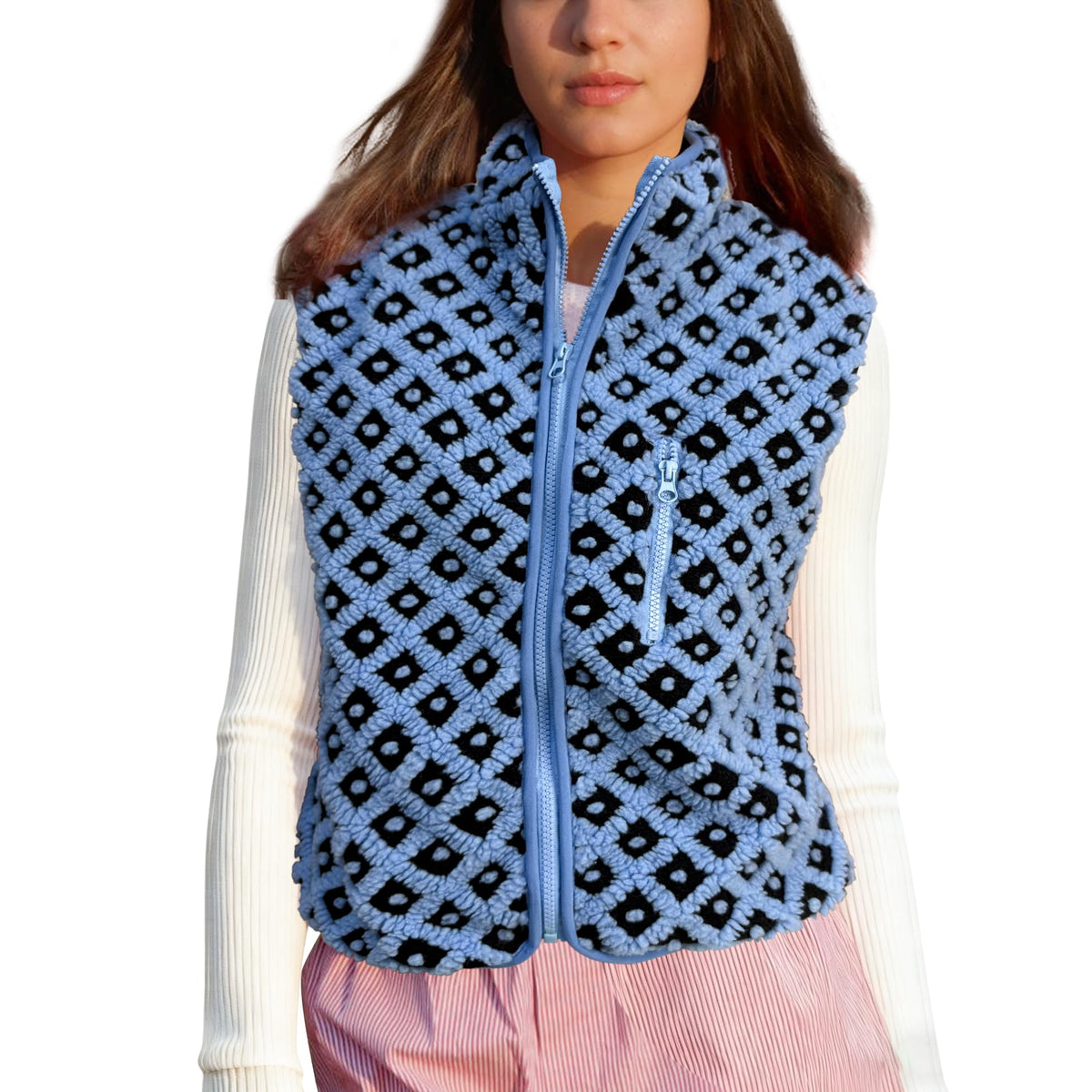 SeeLuNa Plaid Fleece Vest Women Sleeveless Sherpa Vest Full Zip Jacket