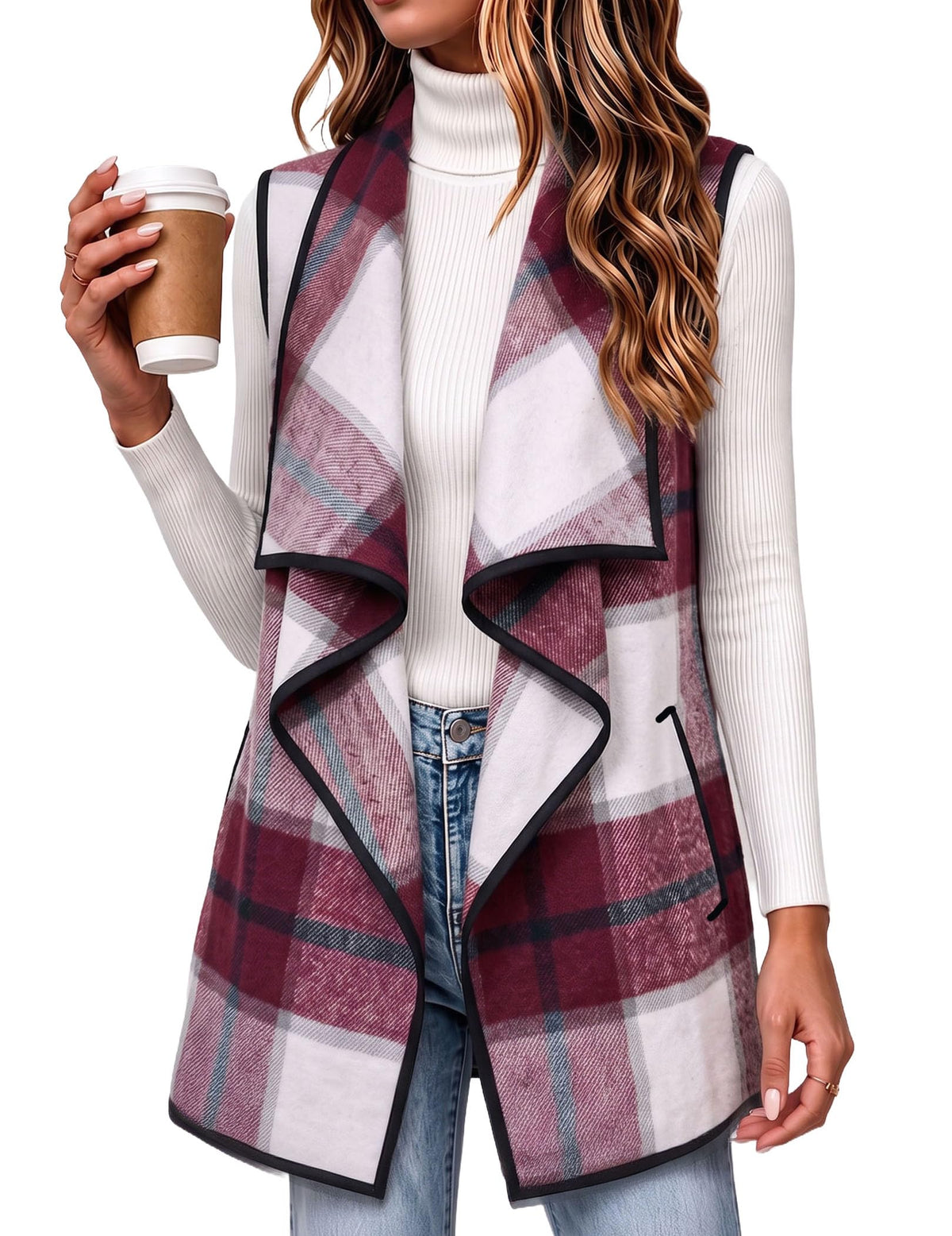 Zeagoo Women Vest Long Plaid Jackets Sleeveless Flannel Coats with Pockets