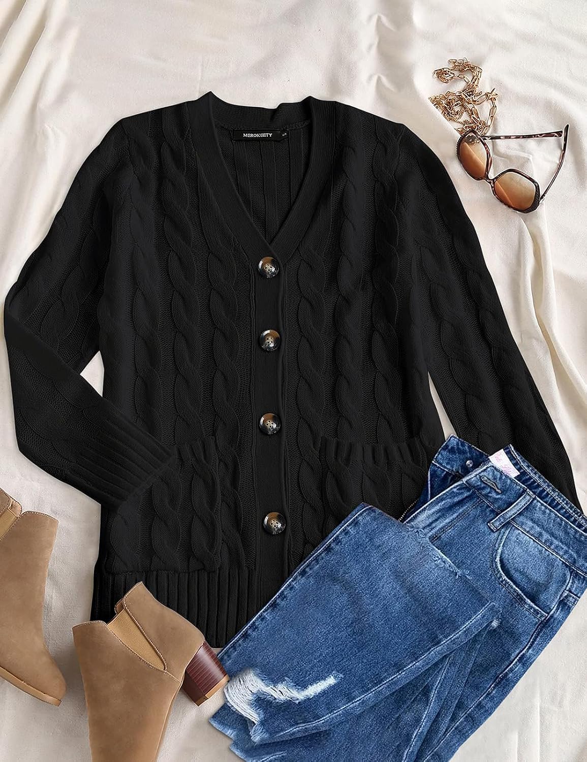 MEROKEETY Womens Fall 2026 Long Sleeve Cable Knit Cardigan Sweaters