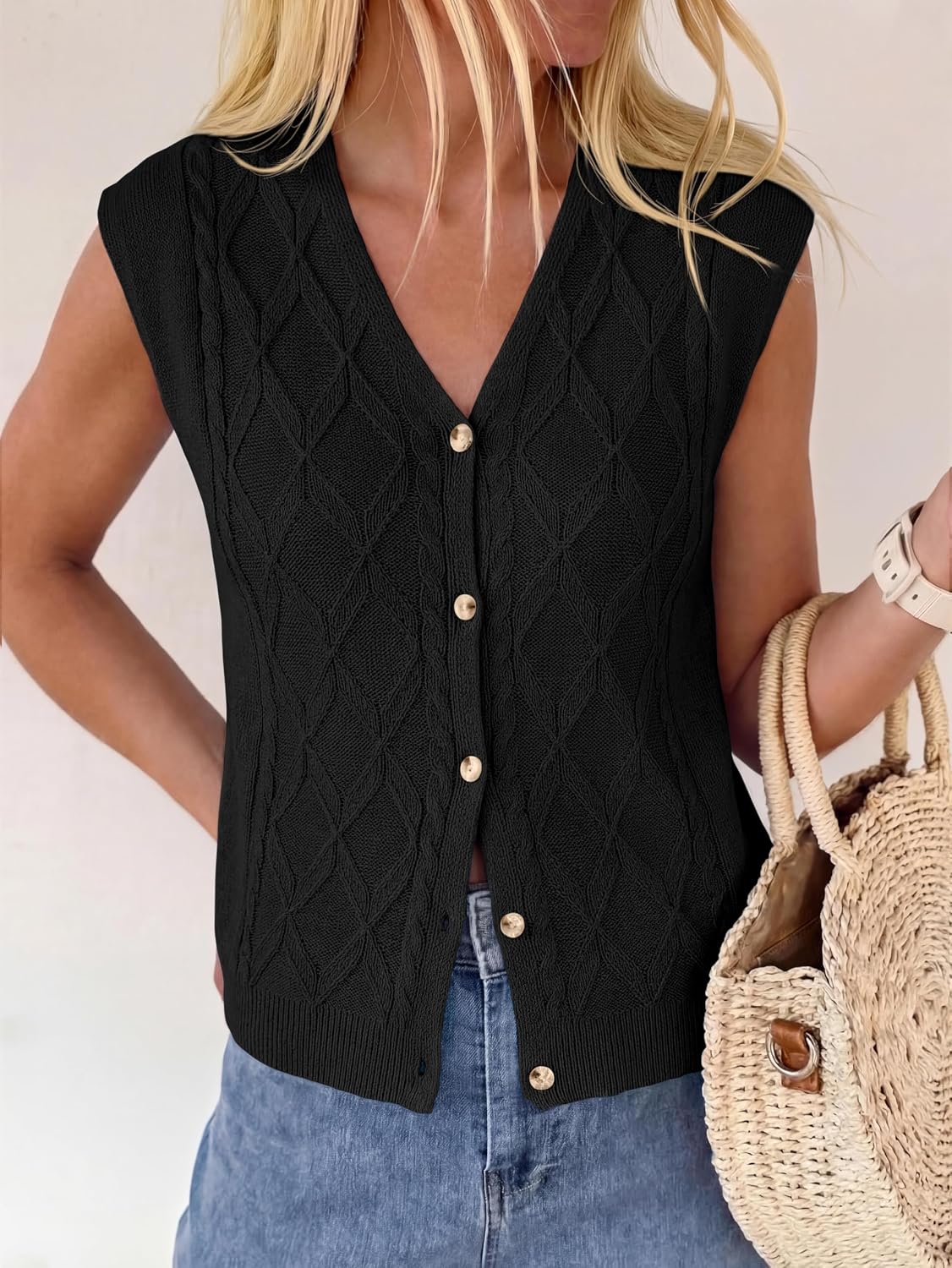 BTFBM Vest Tops for Women Summer V Neck Button Loose Lightweight Cardigan Knit Cap Sleeve Sweater Vests Fashion Clothing