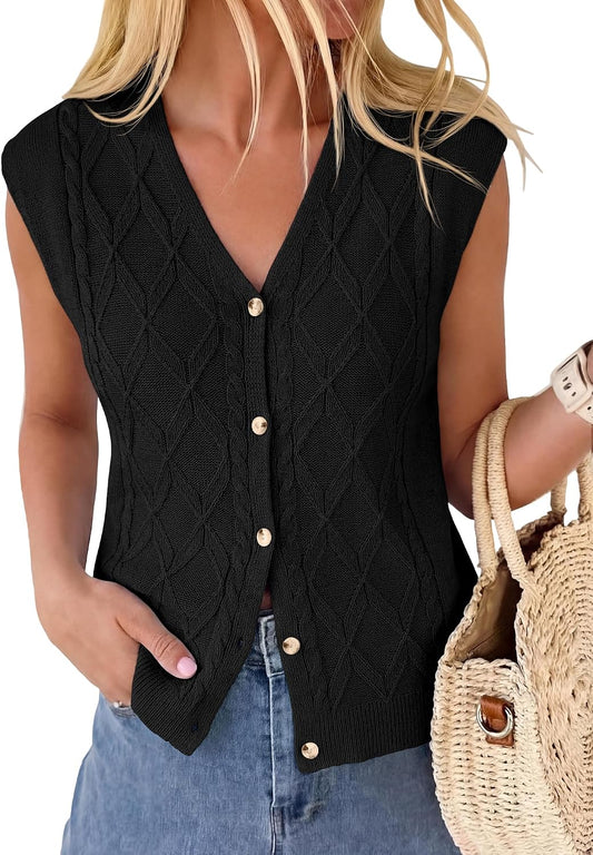 BTFBM Vest Tops for Women Summer V Neck Button Loose Lightweight Cardigan Knit Cap Sleeve Sweater Vests Fashion Clothing