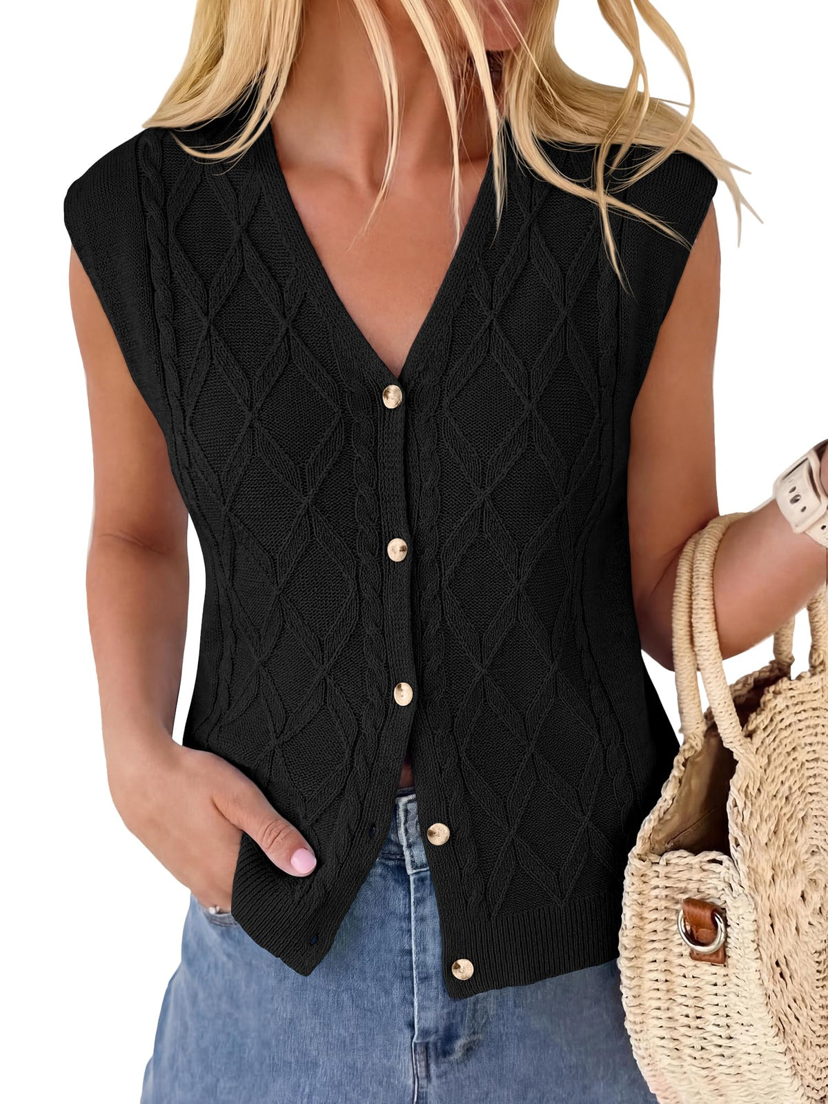 BTFBM Vest Tops for Women Summer V Neck Button Loose Lightweight Cardigan Knit Cap Sleeve Sweater Vests Fashion Clothing