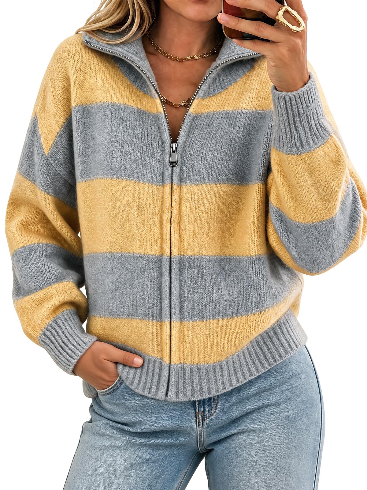 Cicy Bell Women Striped Color Block Cardigan Zip Long Sleeve Knit Sweater