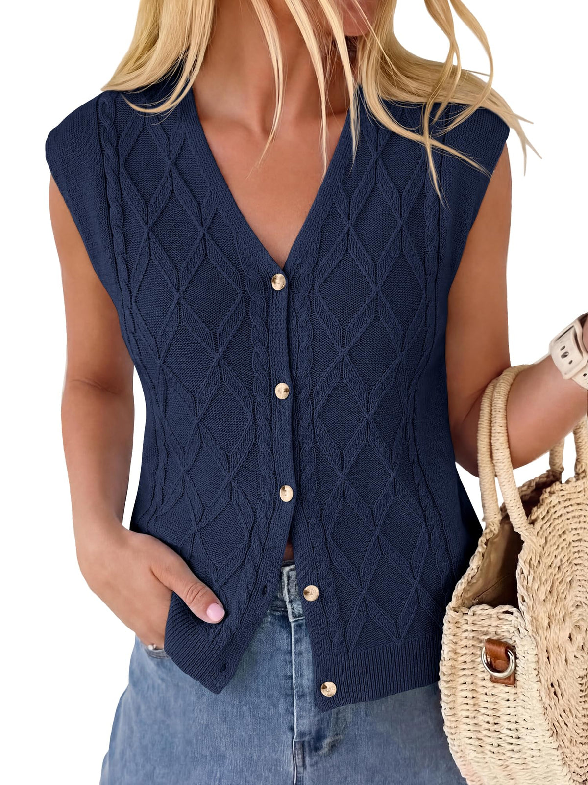 BTFBM Vest Tops for Women Summer V Neck Button Loose Lightweight Cardigan Knit Cap Sleeve Sweater Vests Fashion Clothing