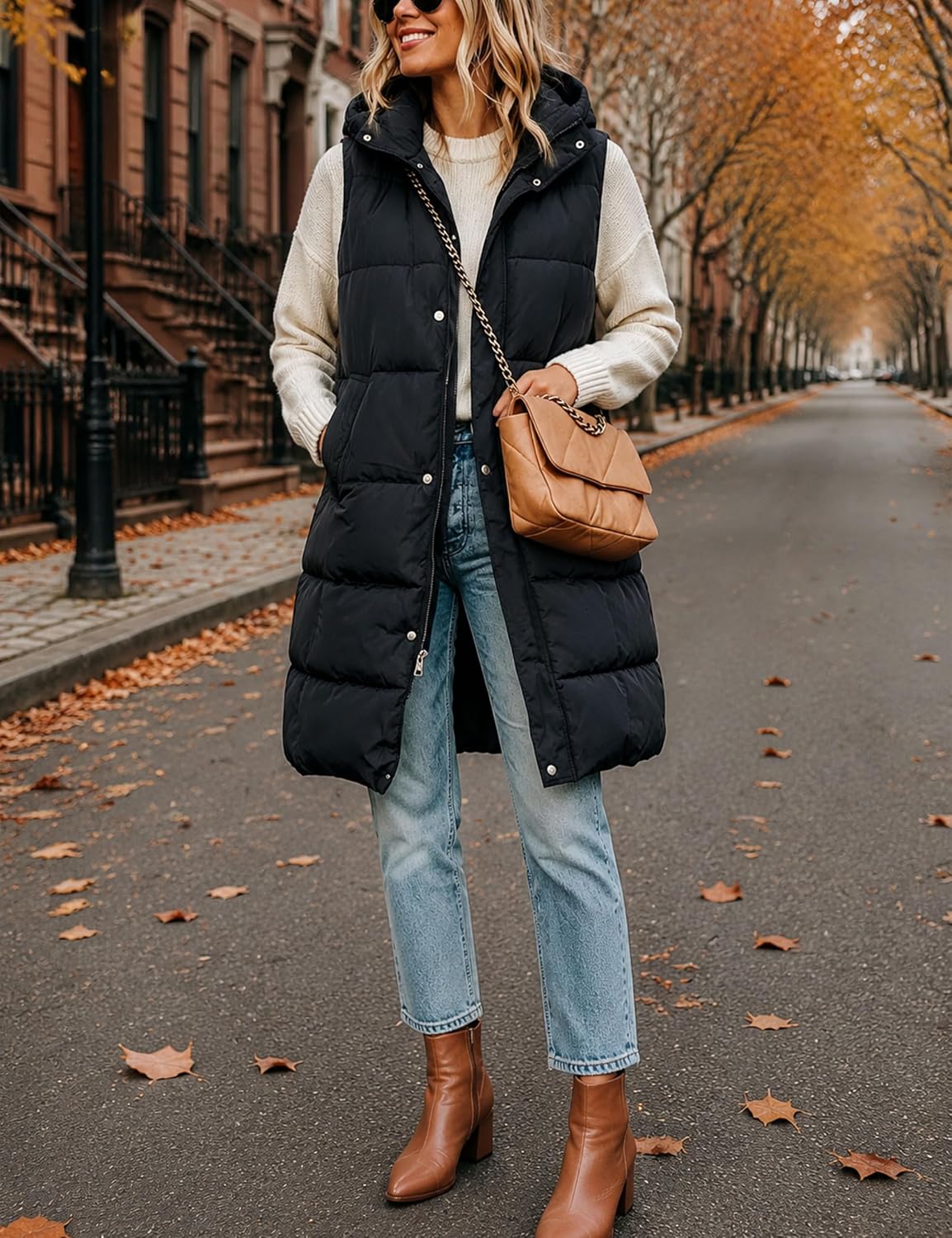 Tanming Women's Long Puffer Vest with Removable Hood