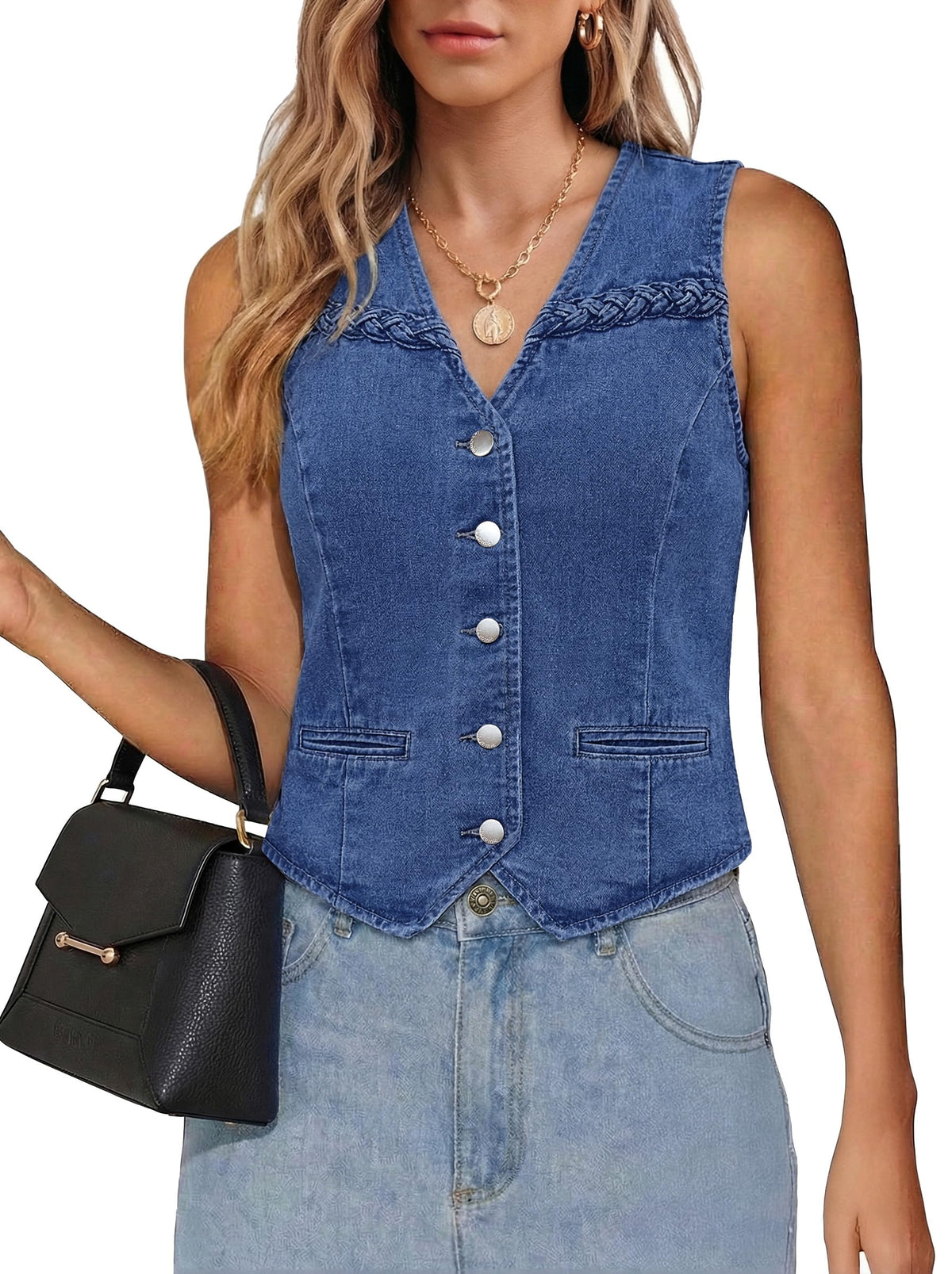 luvamia Denim Vest Women Trendy Button Down Braided Adjustable Waist Western Casual Sleeveless Jean Waistcoat Vests Top