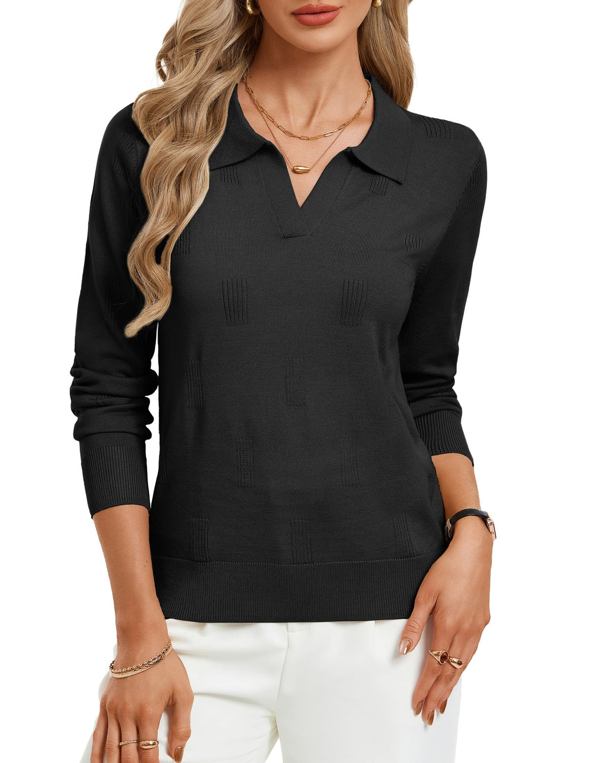 Women's Long Sleeve Classic V Neck Casual Fall Winter Polo Sweater Tops