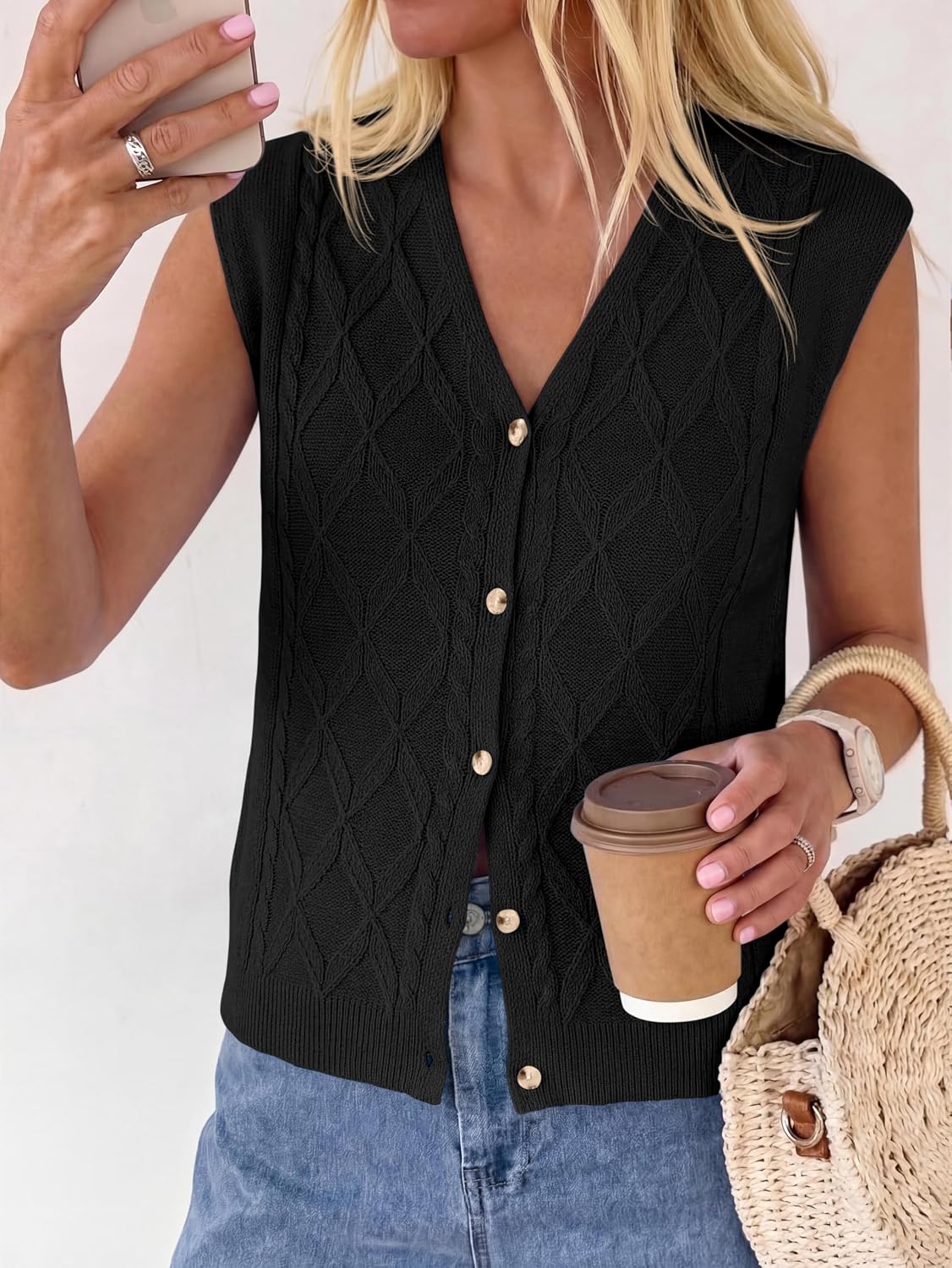 BTFBM Vest Tops for Women Summer V Neck Button Loose Lightweight Cardigan Knit Cap Sleeve Sweater Vests Fashion Clothing