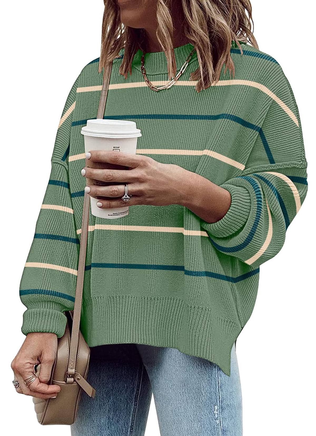 Womens Oversized Sweaters Fall Fashion Side Slit Ribbed Pullover Sweater