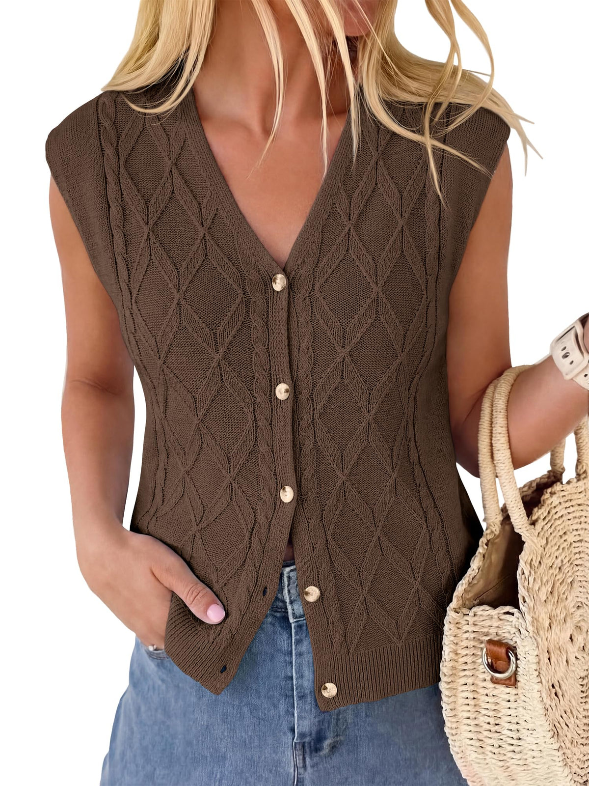 BTFBM Vest Tops for Women Summer V Neck Button Loose Lightweight Cardigan Knit Cap Sleeve Sweater Vests Fashion Clothing