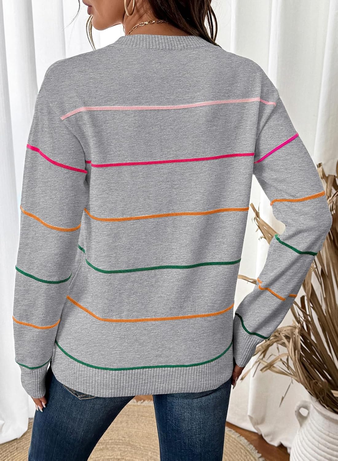 SHEWIN Womens Sweaters Crew Neck Knit Long Sleeve Striped Sweater Fall Outfits for Women 2026