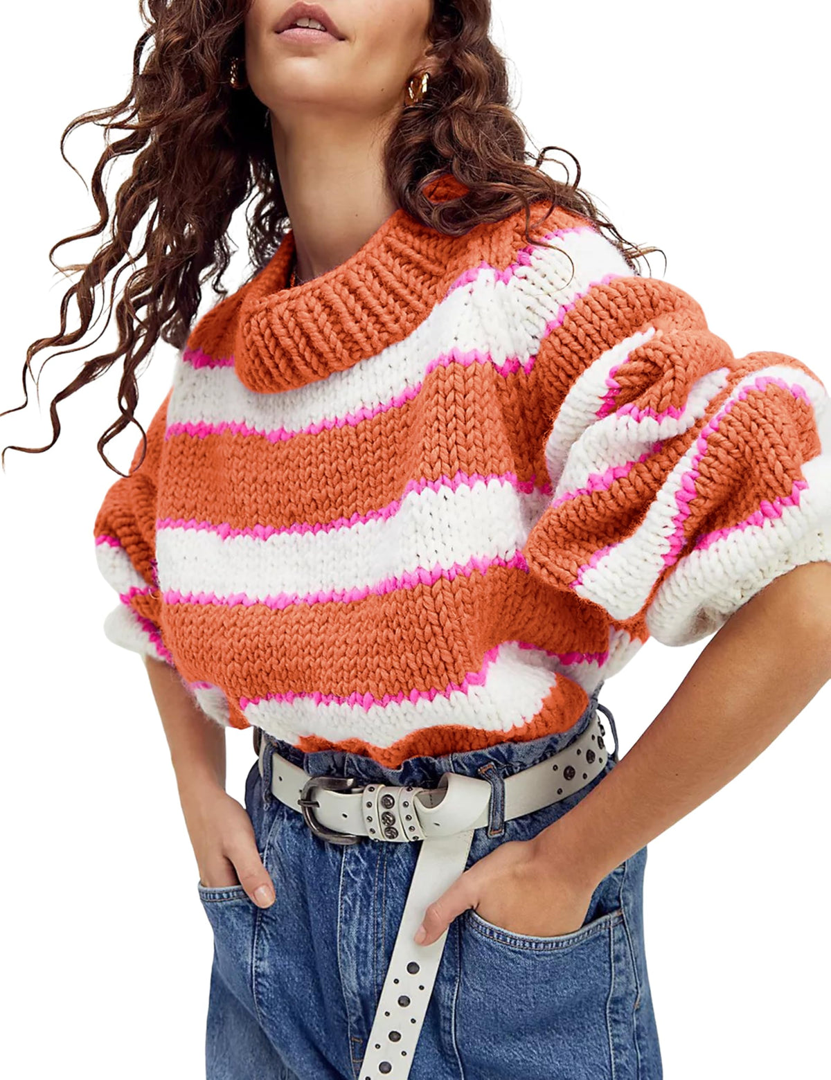 Yeokou Women Stripe Pullover Sweater Turtleneck Ribbed Knit Top Casual Fall Winter Chunky Knitwear