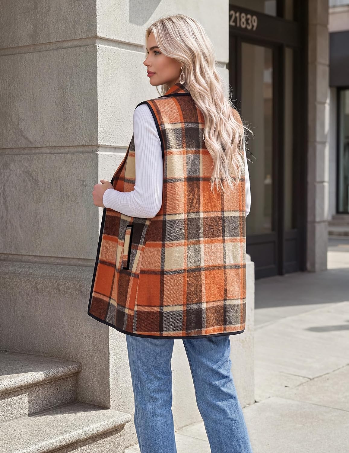 Zeagoo Women Vest Long Plaid Jackets Sleeveless Flannel Coats with Pockets
