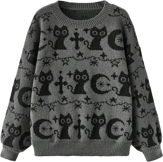 WDIRARA Women's Goth Cartoon Pattern Sweater Knit Pullover Top