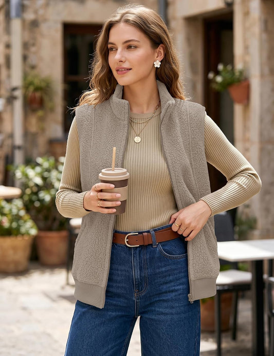 AKEWEI Womens Sherpa Fleece Vest Trendy Warm Sleeveless Vests Jacket