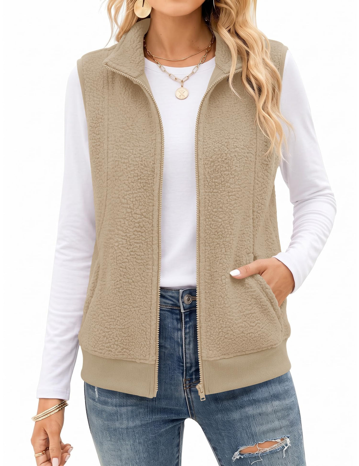 AKEWEI Womens Sherpa Fleece Vest Trendy Warm Sleeveless Vests Jacket