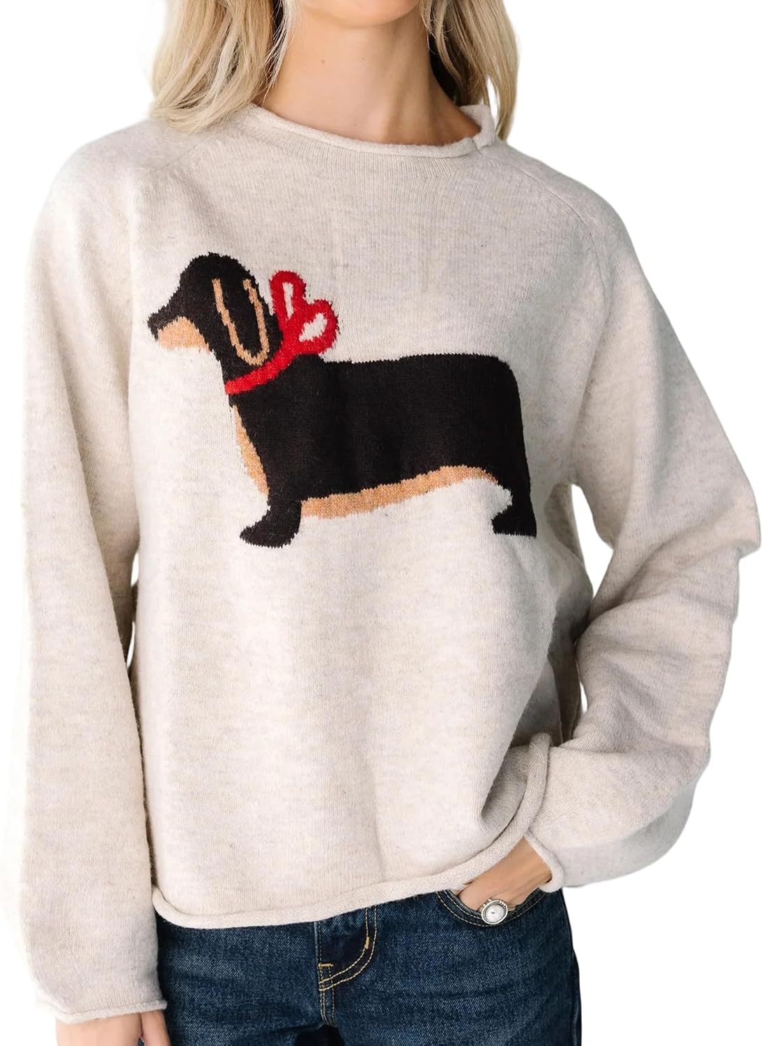 Women's Oversized Roll Neck Cute Animal Graphic Sweater Long Sleeve Chunky Knit Pullover Tops Casual Patterned Knitwear