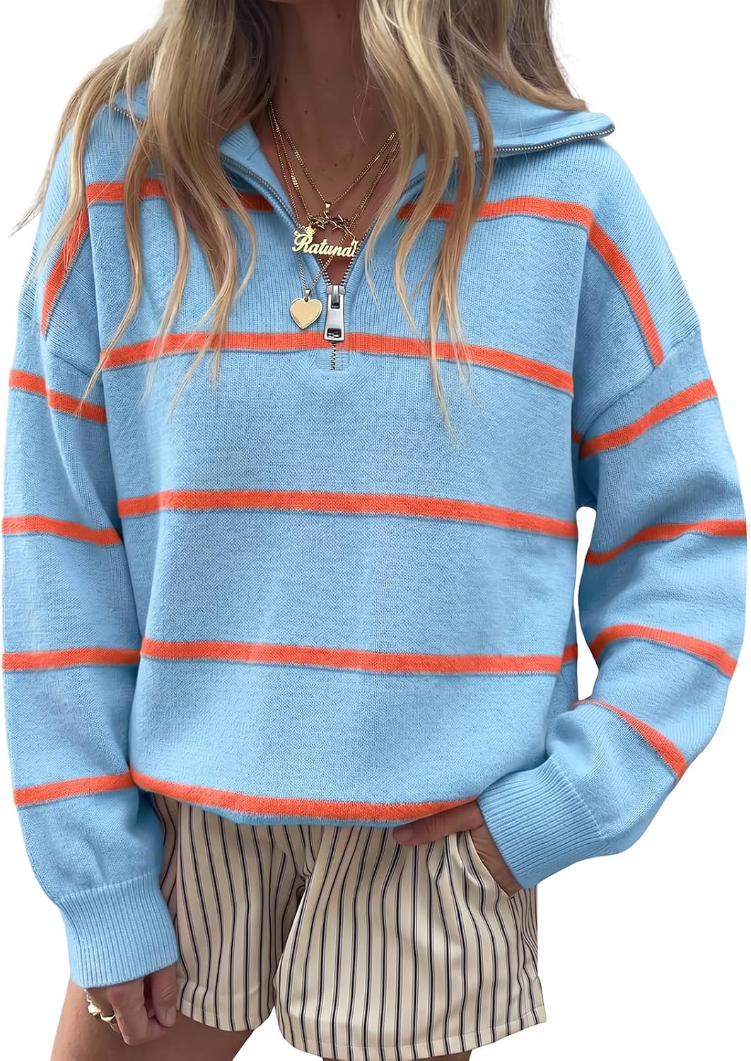 Fisoew Womens Quarter Zip Striped Sweater Oversized Turtleneck Pullover Top