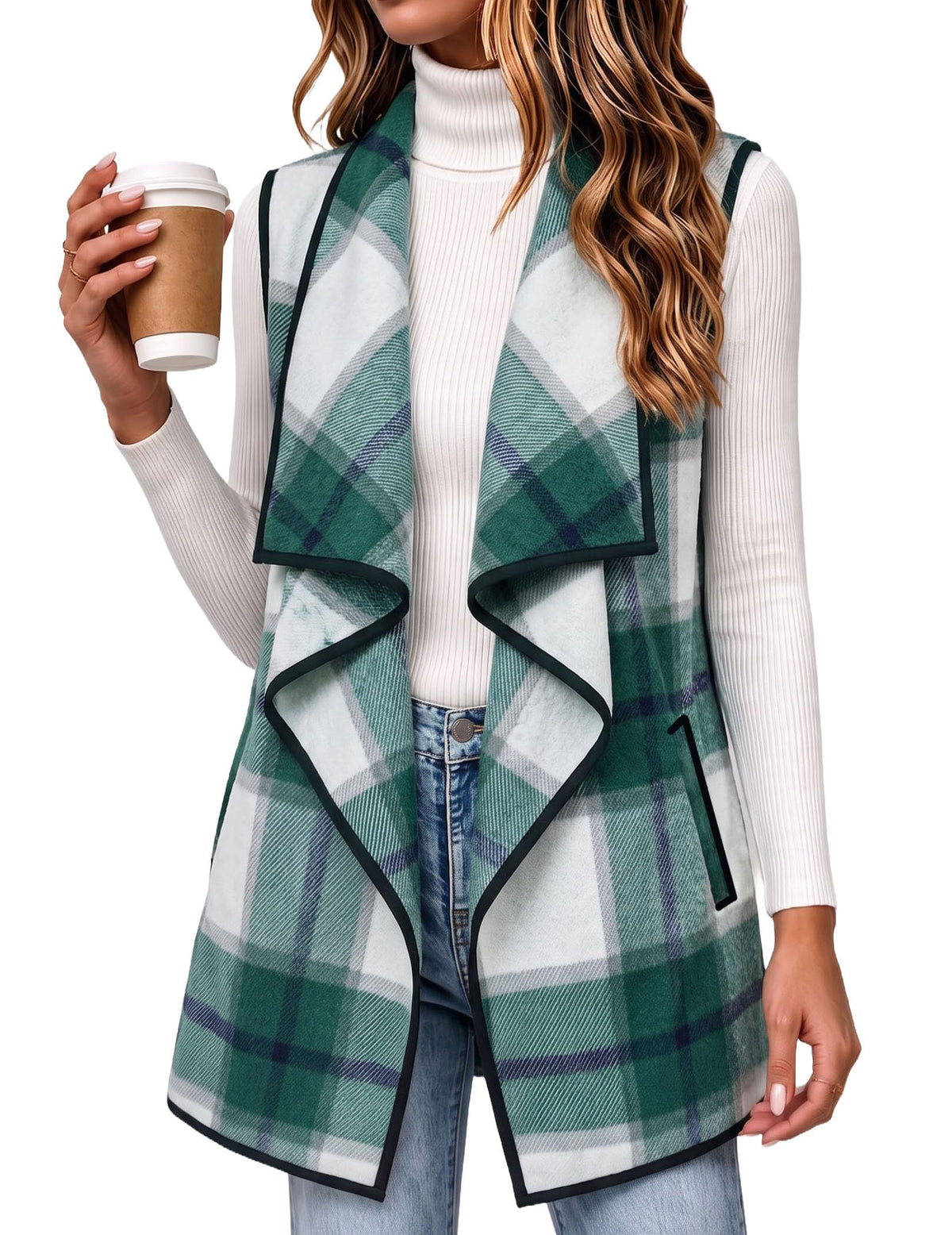 Zeagoo Women Vest Long Plaid Jackets Sleeveless Flannel Coats with Pockets