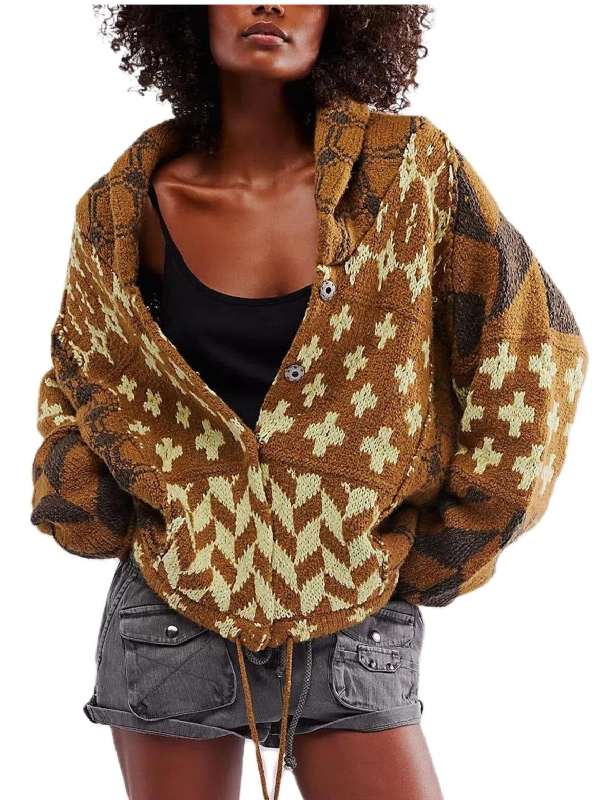 SKIKYAN Women Fall Sweater Cardigans Graphic Button Down Collar Knitwear Long Sleeve Oversized Y2K Print Coats