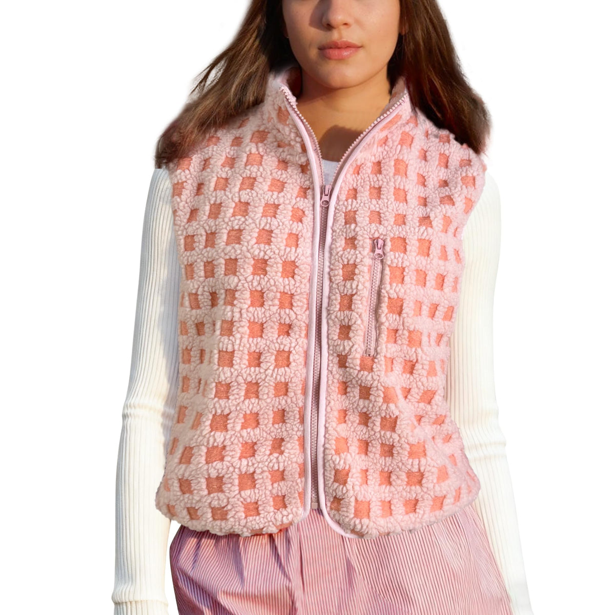 SeeLuNa Plaid Fleece Vest Women Sleeveless Sherpa Vest Full Zip Jacket