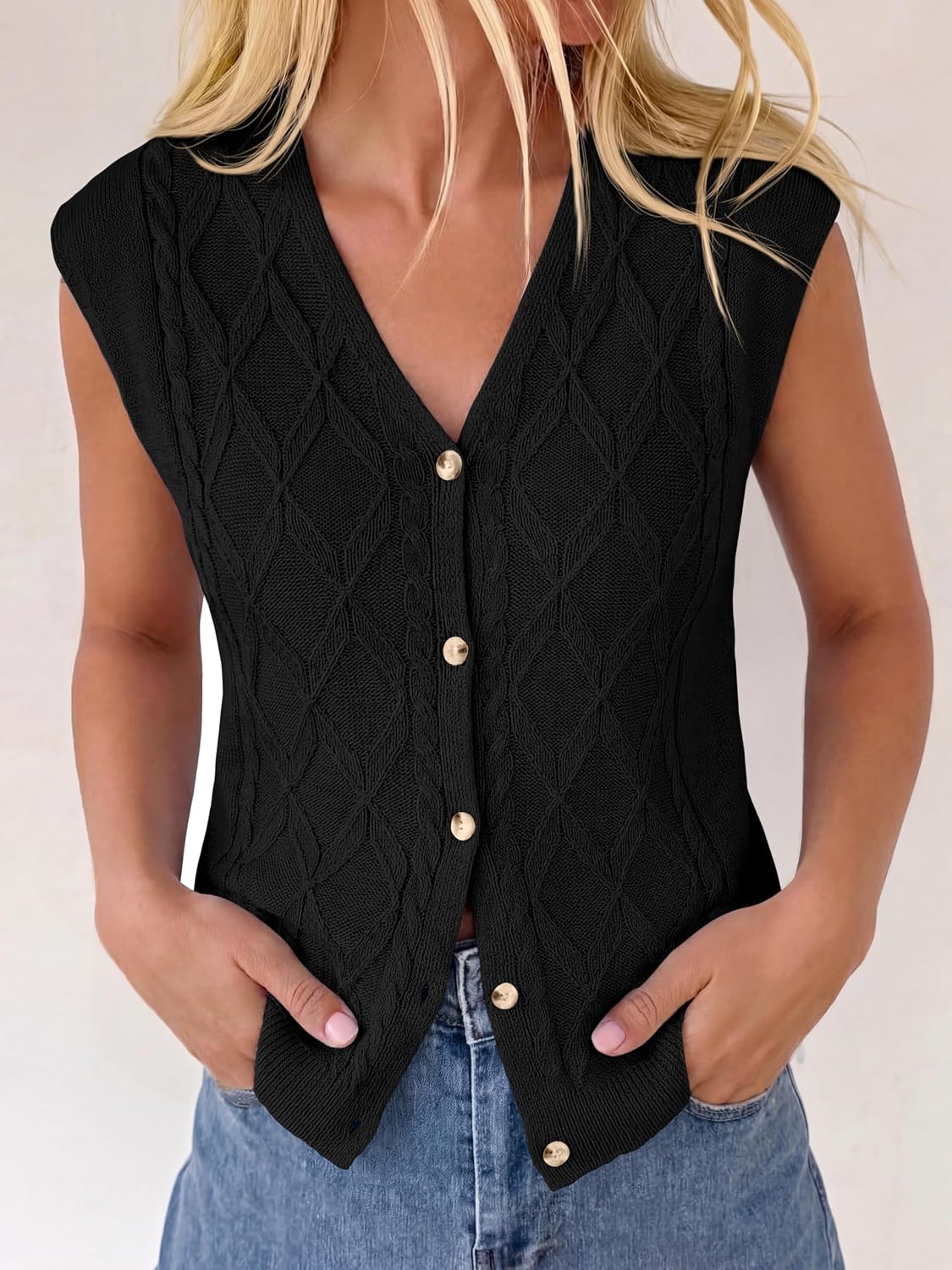 BTFBM Vest Tops for Women Summer V Neck Button Loose Lightweight Cardigan Knit Cap Sleeve Sweater Vests Fashion Clothing