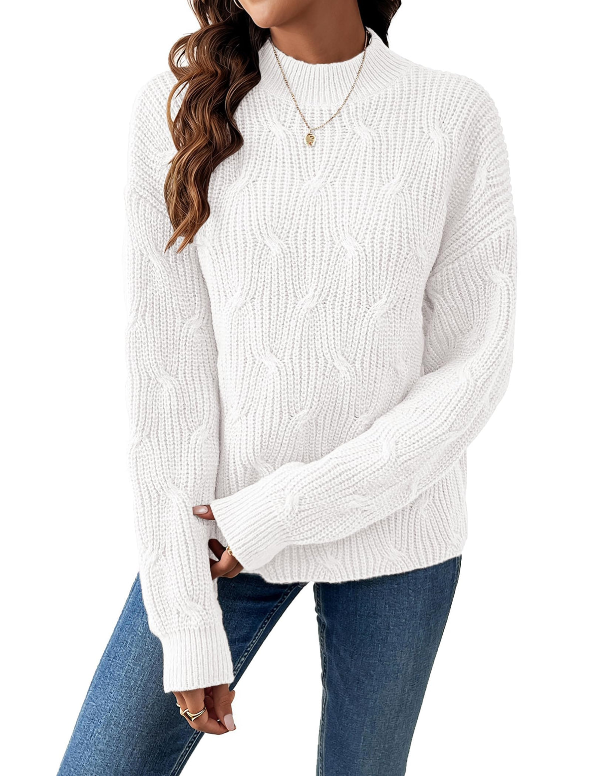 Womens Dressy Mockneck Cable Knit Long Sleeve Sweater Fall 2026 Oversized Chunky Ribbed Cuffs Knit Pullover
