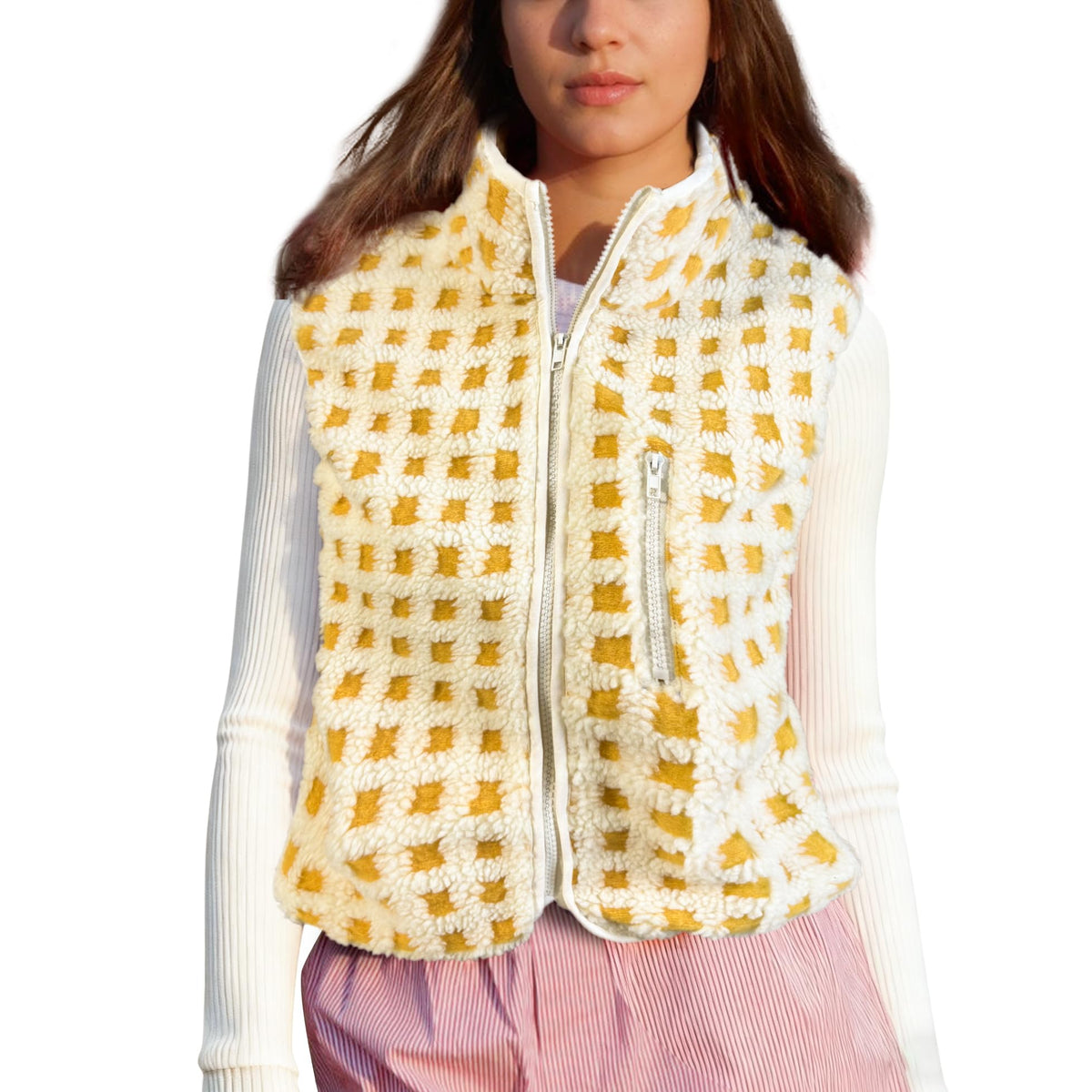 SeeLuNa Plaid Fleece Vest Women Sleeveless Sherpa Vest Full Zip Jacket