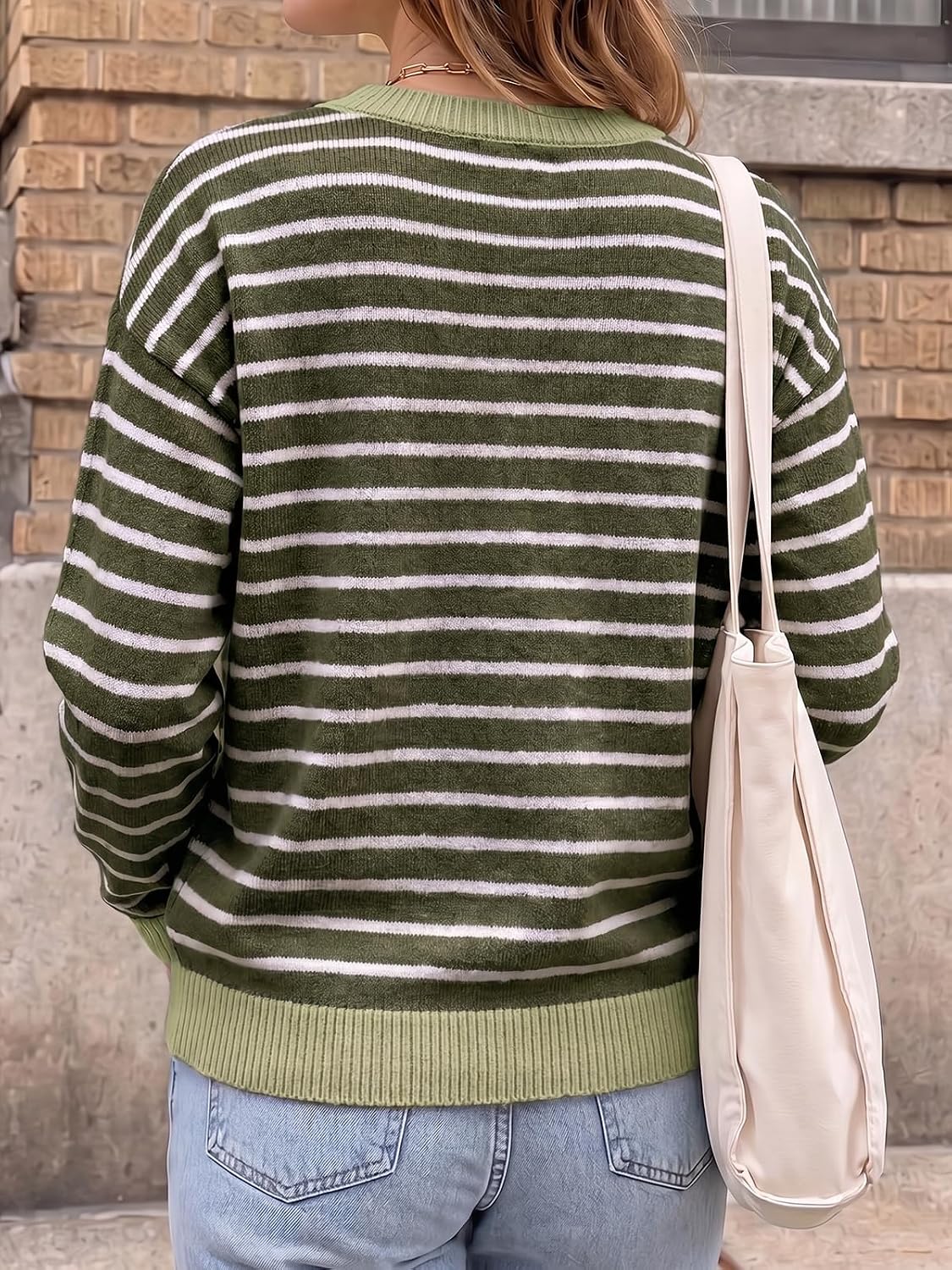 Cicy Bell Women Striped Cardigan Sweater Button Down Crewneck Knitwear