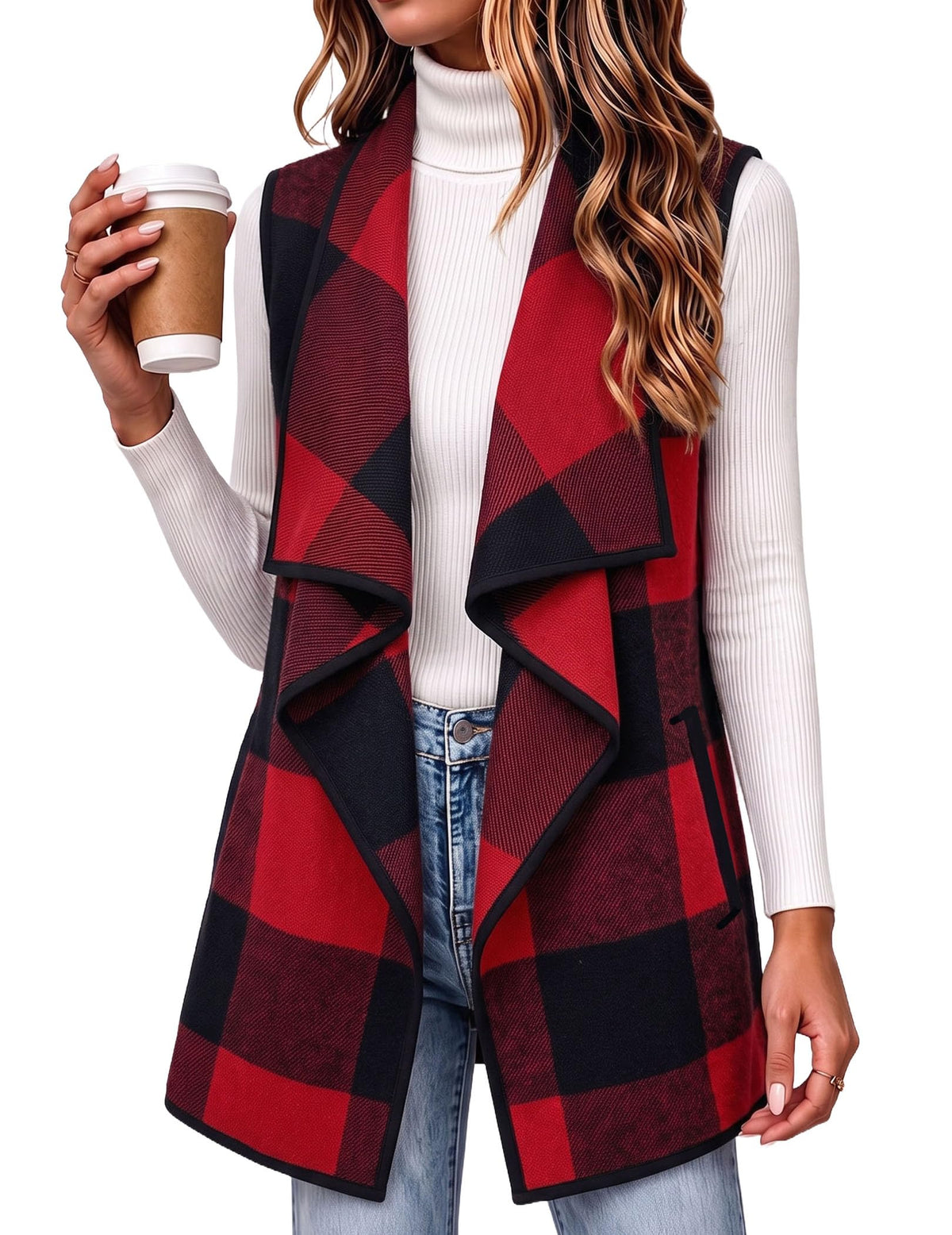 Zeagoo Women Vest Long Plaid Jackets Sleeveless Flannel Coats with Pockets