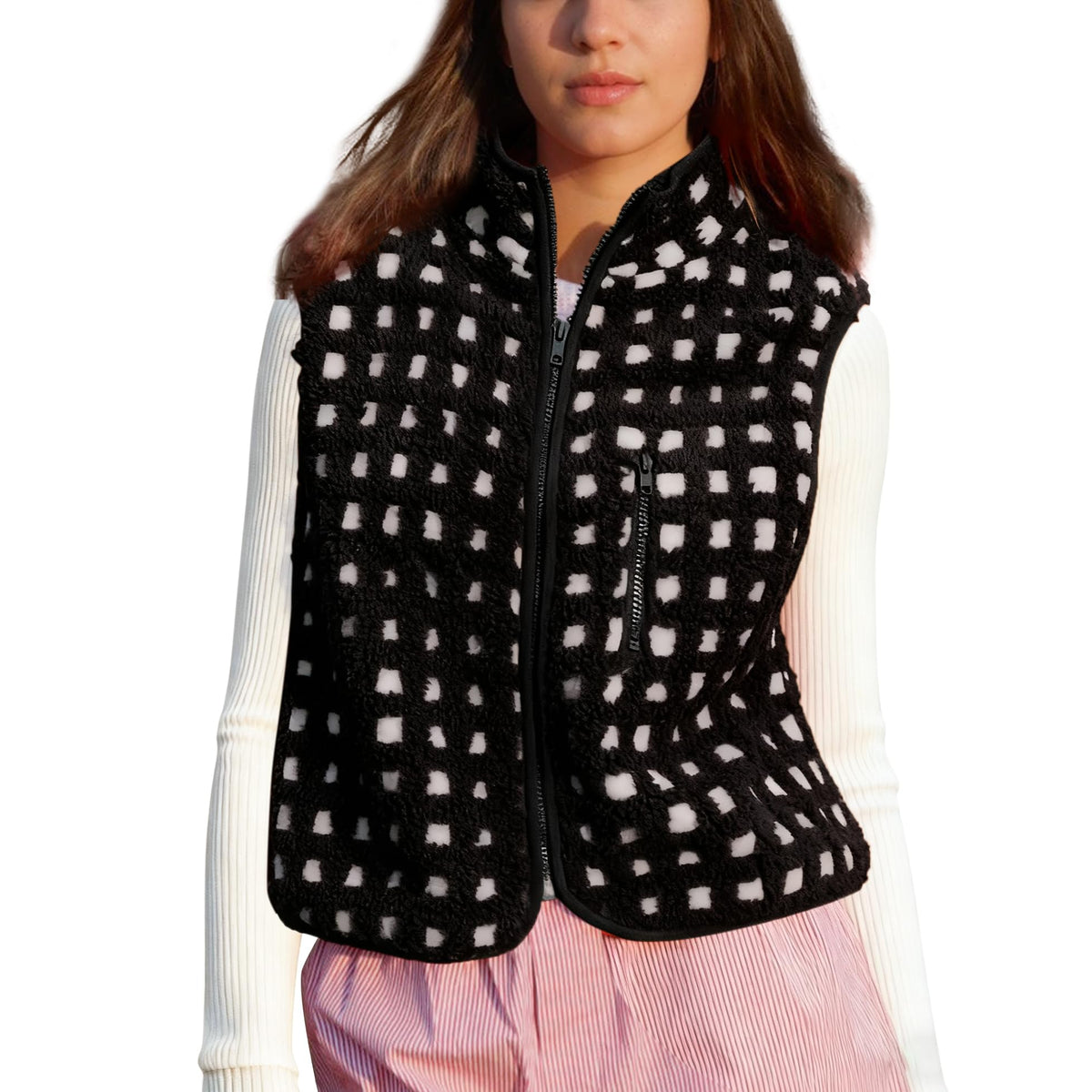 SeeLuNa Plaid Fleece Vest Women Sleeveless Sherpa Vest Full Zip Jacket