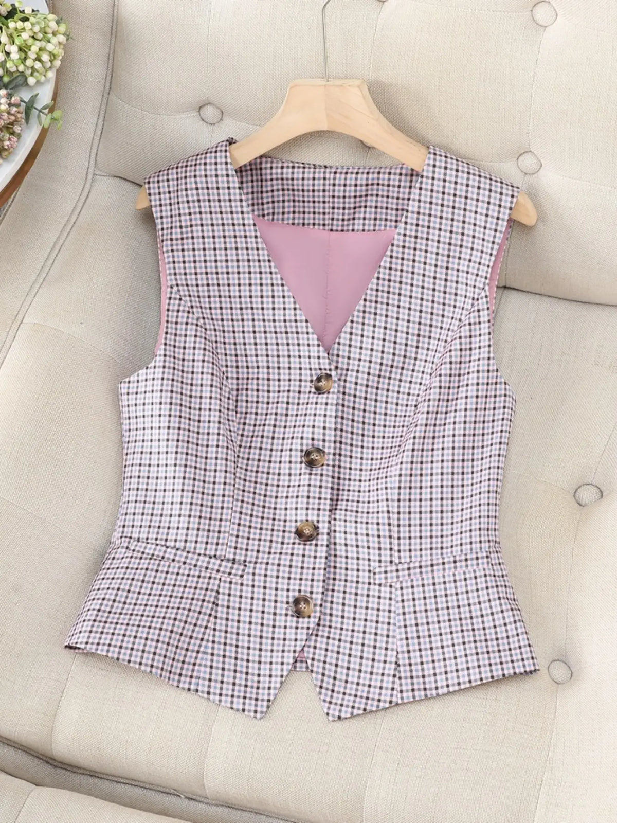 High-End Retro Houndstooth Women's Sleeveless Vest Cardigan, New Fashion Loose Fit Lightweight Design, Winter Short Fitted Pattern Pro, Button Front Vest