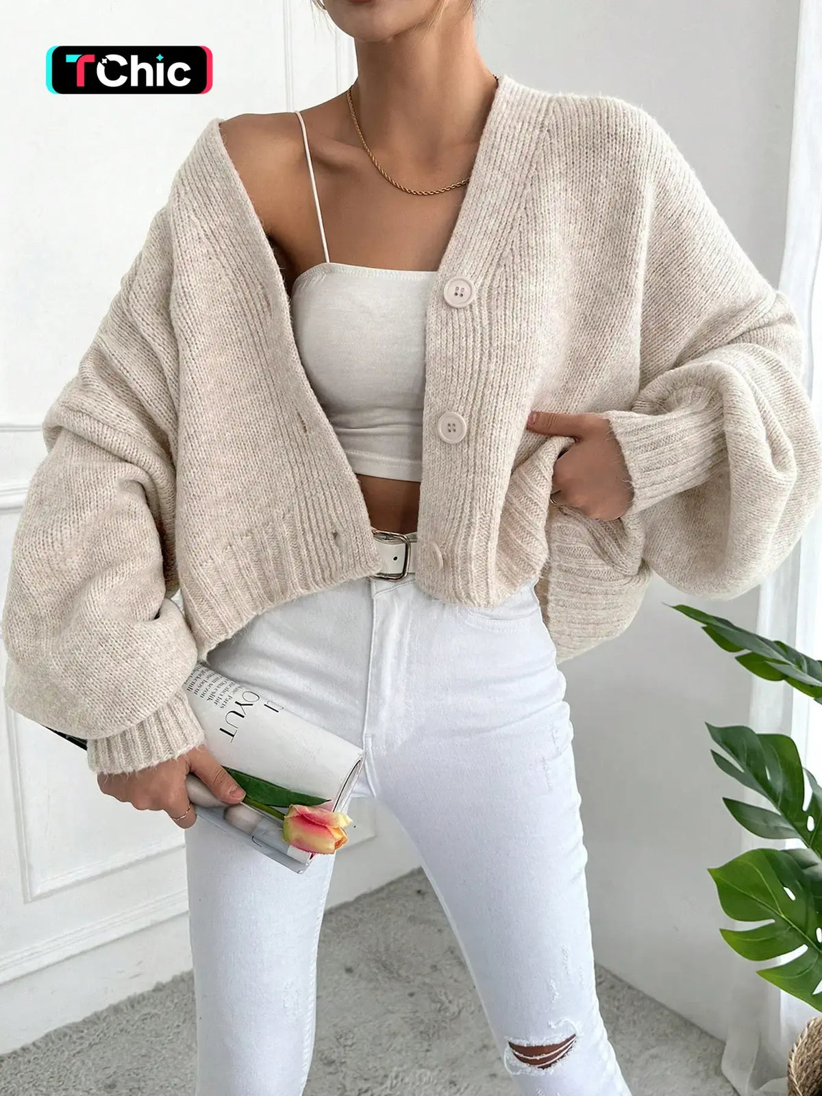 Women's V Neck Lantern Sleeve Sweater, Casual Baggy Loose-Fit Knitted Cardigan, Fall & Winter Fashion, Minimalist, Plain Color, One Button Design, Knitwear Tops