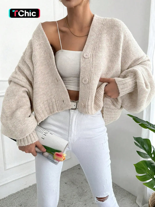 Women's V Neck Lantern Sleeve Sweater, Casual Baggy Loose-Fit Knitted Cardigan, Fall & Winter Fashion, Minimalist, Plain Color, One Button Design, Knitwear Tops