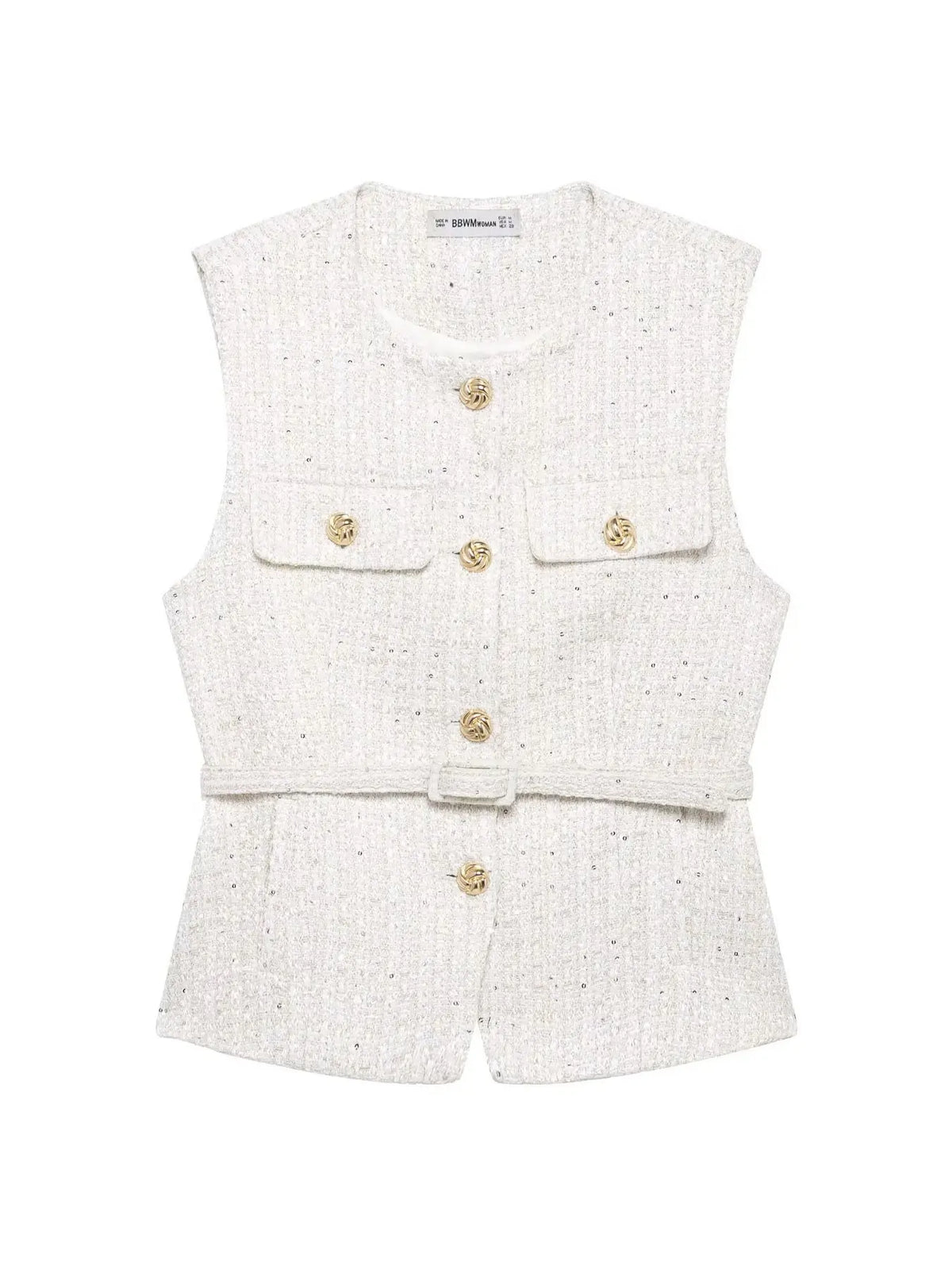 Women's Elegant Chic Belted Vest, Round-Neck Sleeveless Single-Breasted Fitted Top, Vintage Commuter Style for Casual Daily Wear