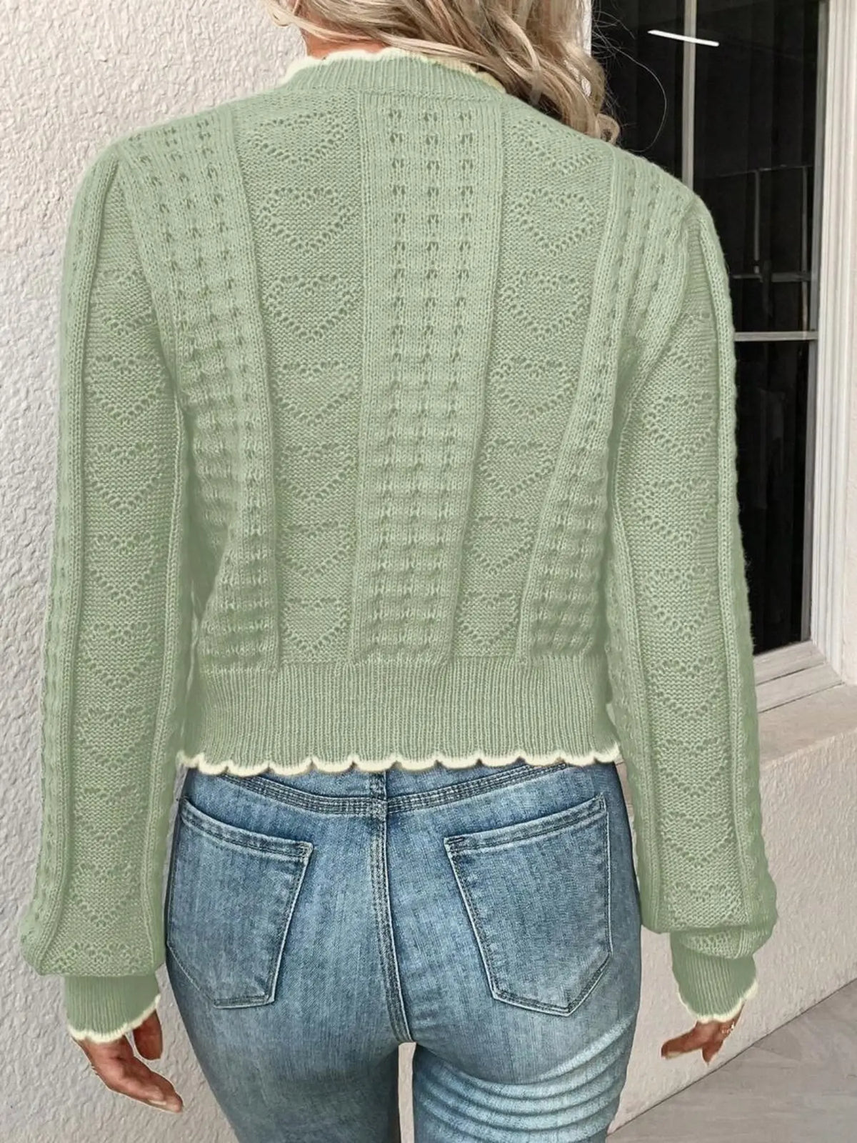 Women's Cute Heart Pattern Cable Knit, Knitting, Colorblock Sweater Cardigan Knitwear, Autumn/Winter Long Sleeve Button Front Crew Neck Ruffle Trim, Daily Casual Cozy Baggy Loose Lightweight, Women Fall Outfit