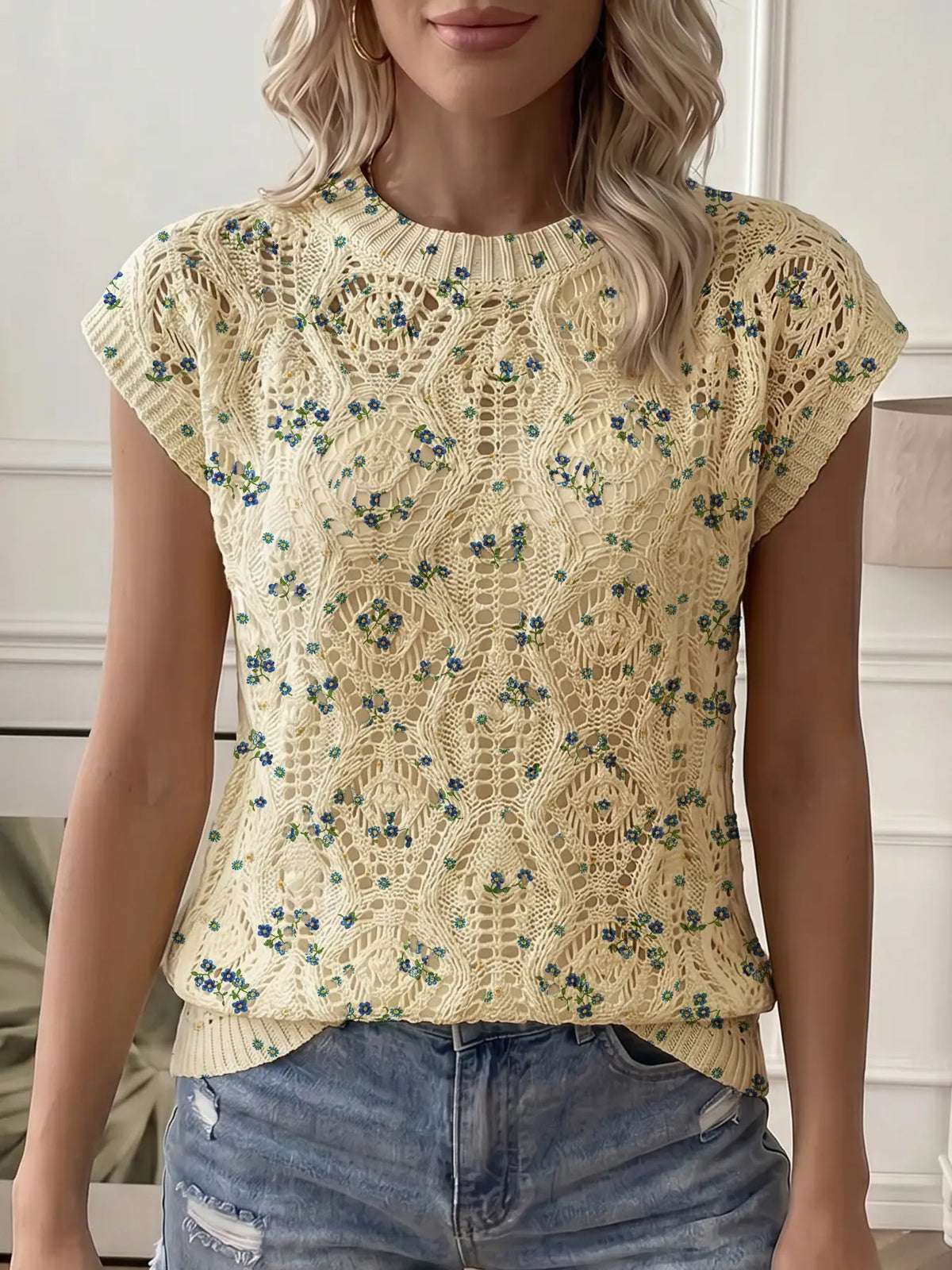 Women's Elegant Floral Print Round Neck Cardigan Vest, Breathable Knit Top, Hollow Out Design, Casual All-Season Wear