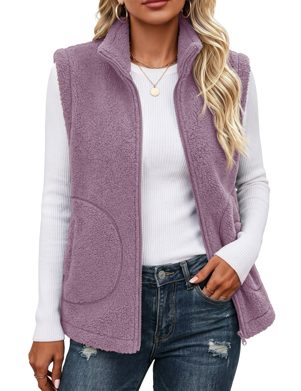 YUCOLEN Sherpa Vest for Women Sleeveless Fleece Fuzzy Zip Up Jackets Winter