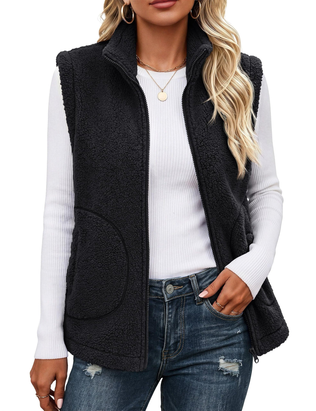 YUCOLEN Sherpa Vest for Women Sleeveless Fleece Fuzzy Zip Up Jackets Winter
