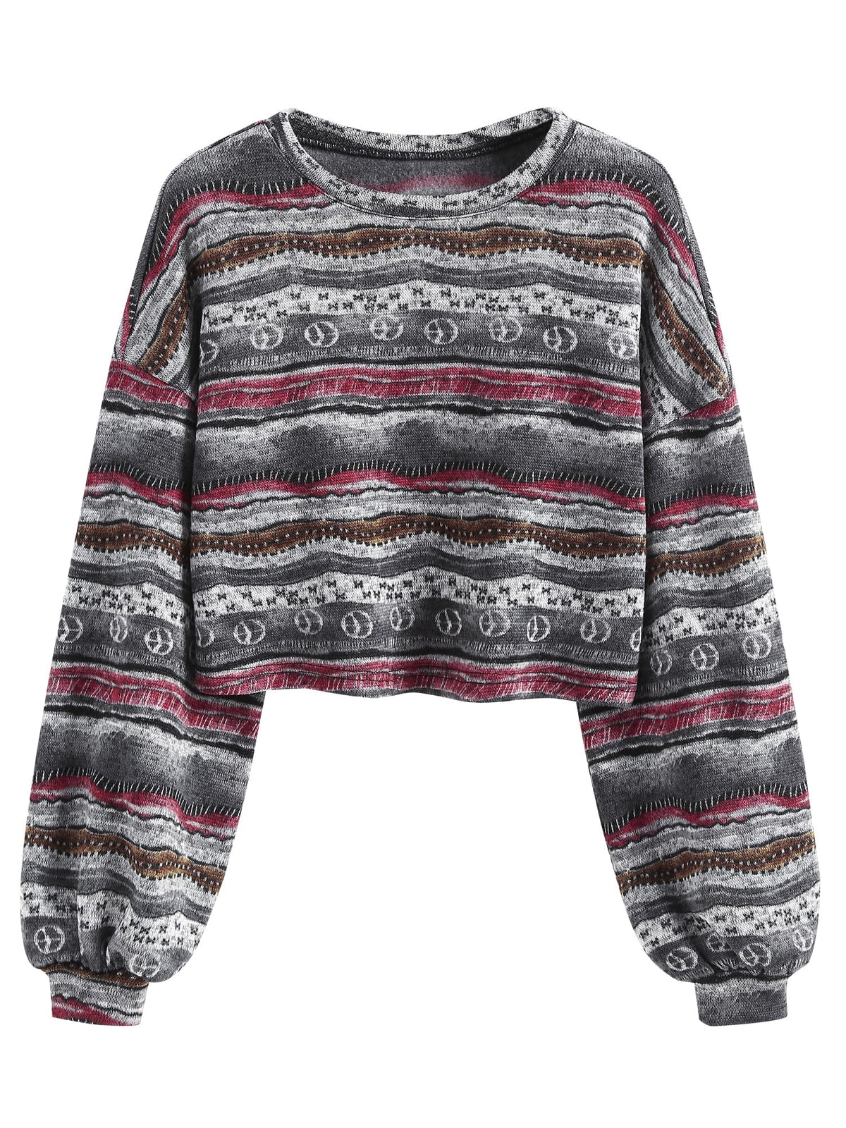 ZAFUL Women's Tribal Ethnic Graphic Cropped Knitwear Bohemian Long Sleeve Pullover Sweater Boho Drop Shoulder Knitted Top